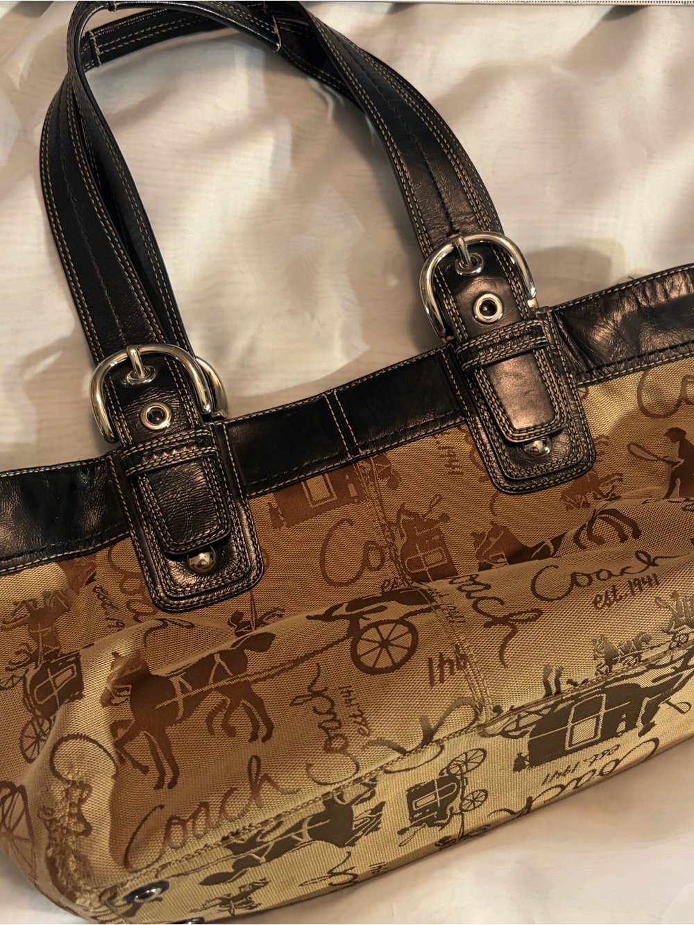 Coach Brown Logo-Print Shoulder Bag with Black Leather Trim